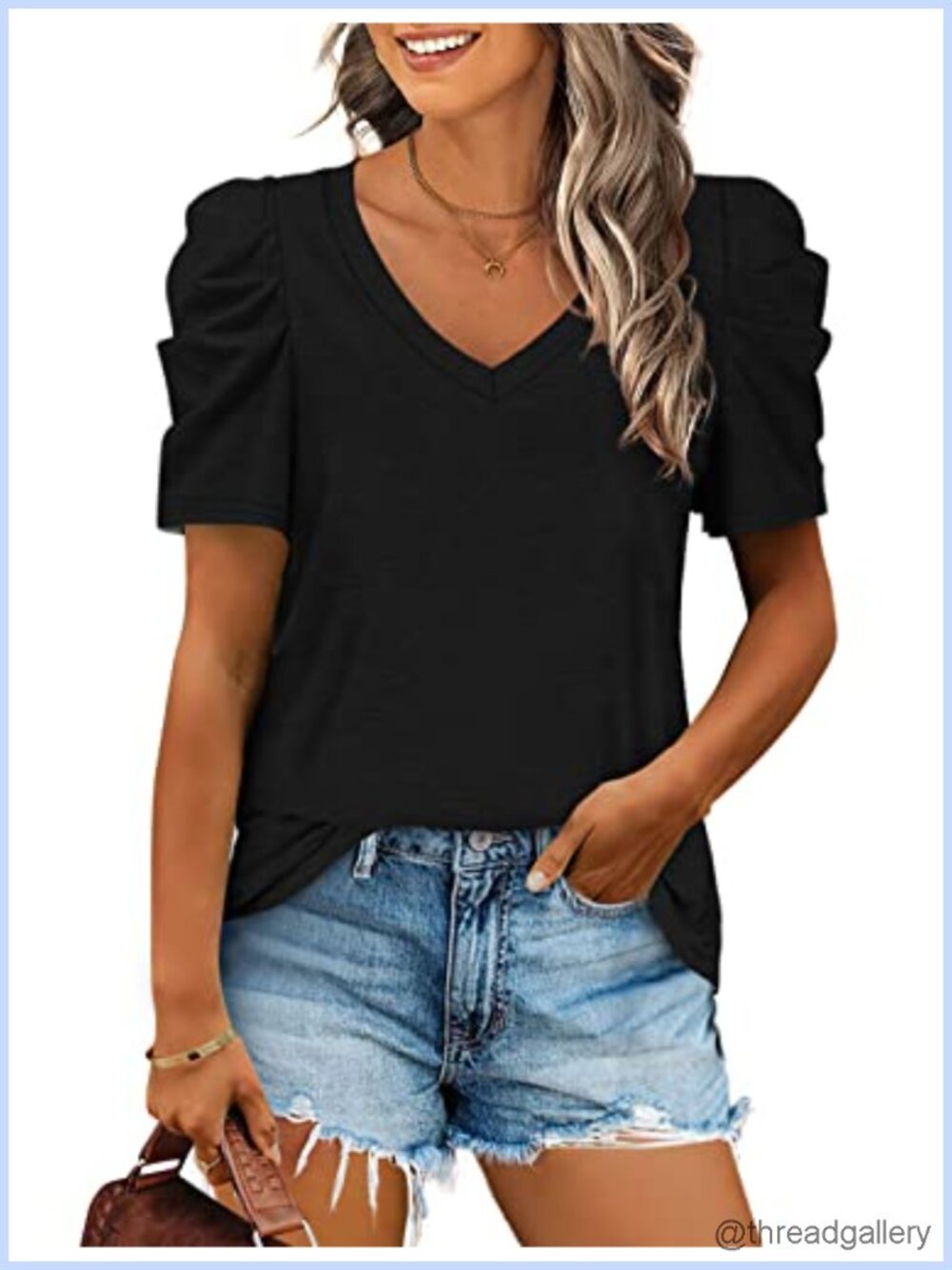 Womens V Neck Puff Sleeve T-Shirt Casual Summer Top Loose Fit